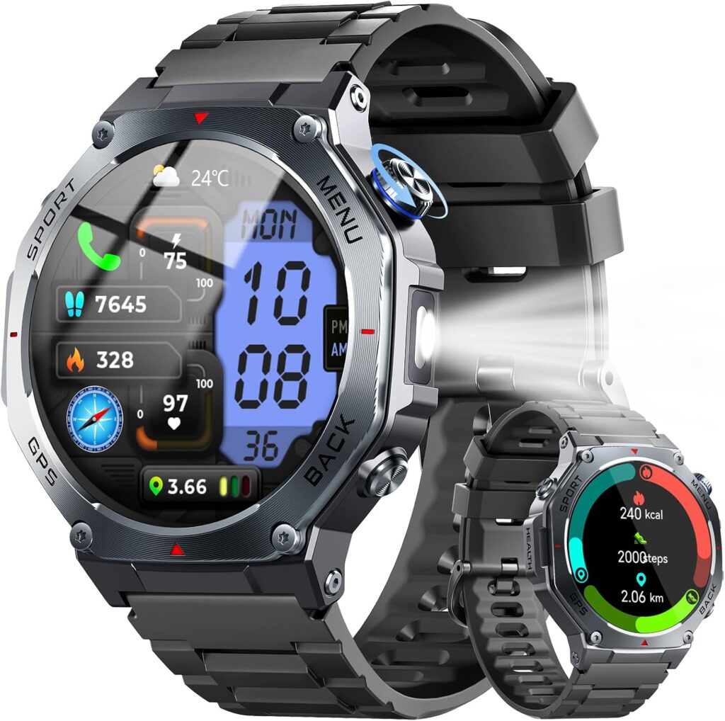 Montre connectée militaire GPS 1,43″ AMOLED : Étanchéité 5ATM et 160+ sports suivis.