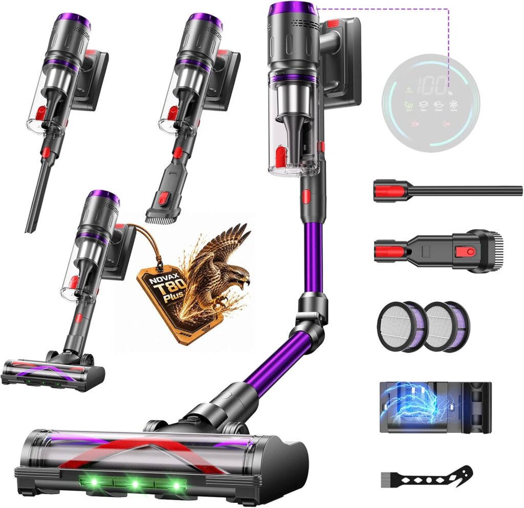 Aspirateur sans fil puissant avec affichage LED et brosse anti-enchevêtrement pour sols durs et moquettes.