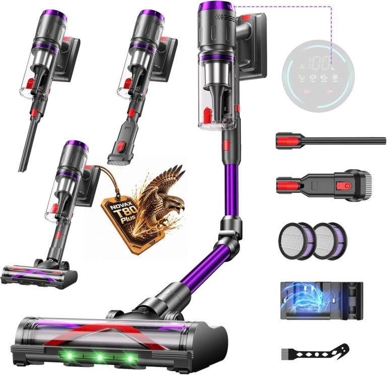 Aspirateur sans fil puissant avec affichage LED et brosse anti-enchevêtrement pour sols durs et moquettes.