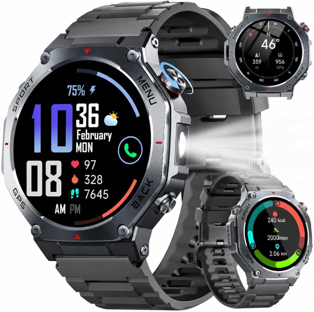 Montre connectée GPS 1.43″ AMOLED avec fréquence cardiaque et 160+ modes disponibles.