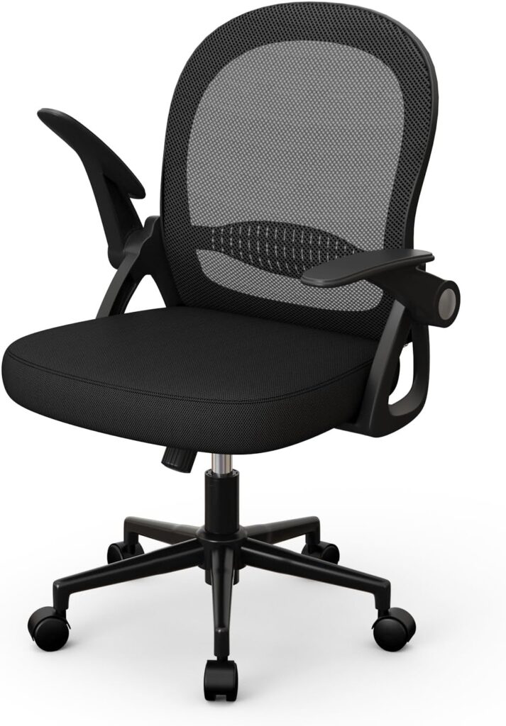 Naspaluro : Chaise de bureau avec accoudoirs pliants et support lombaire, dossier de 45 cm.