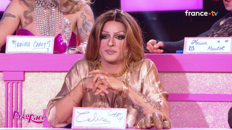 Une drag-queen de « Drag Race France » évoque Céline Dion lors d’une performance.