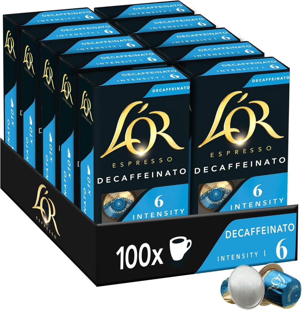 L’OR Decaffeinato : Capsules de café compatibles Nespresso, intensité 6, pack de 100.