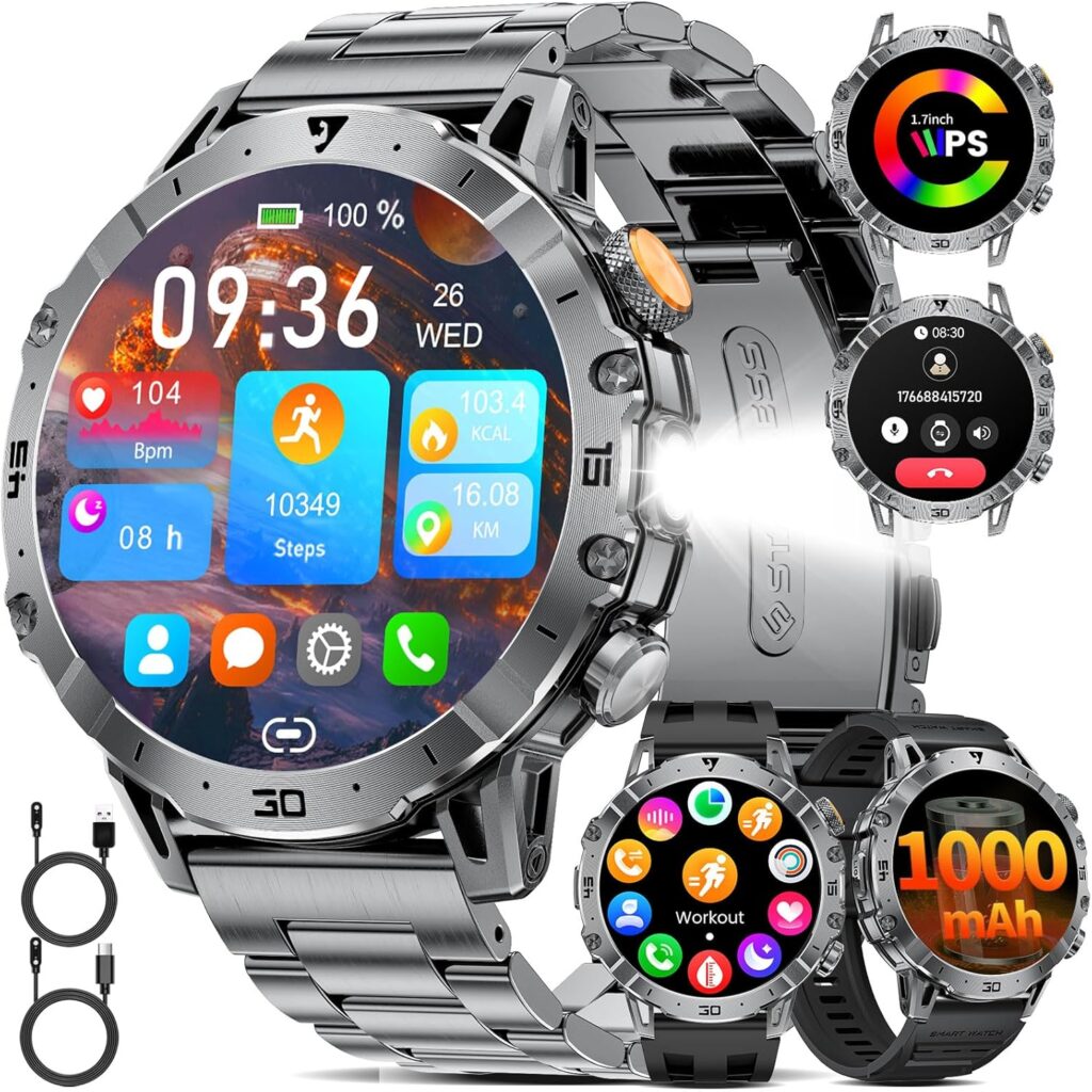 Montre connectée militaire pour hommes : Bluetooth, 110+ modes sportifs, IP68, 1.7 pouces.