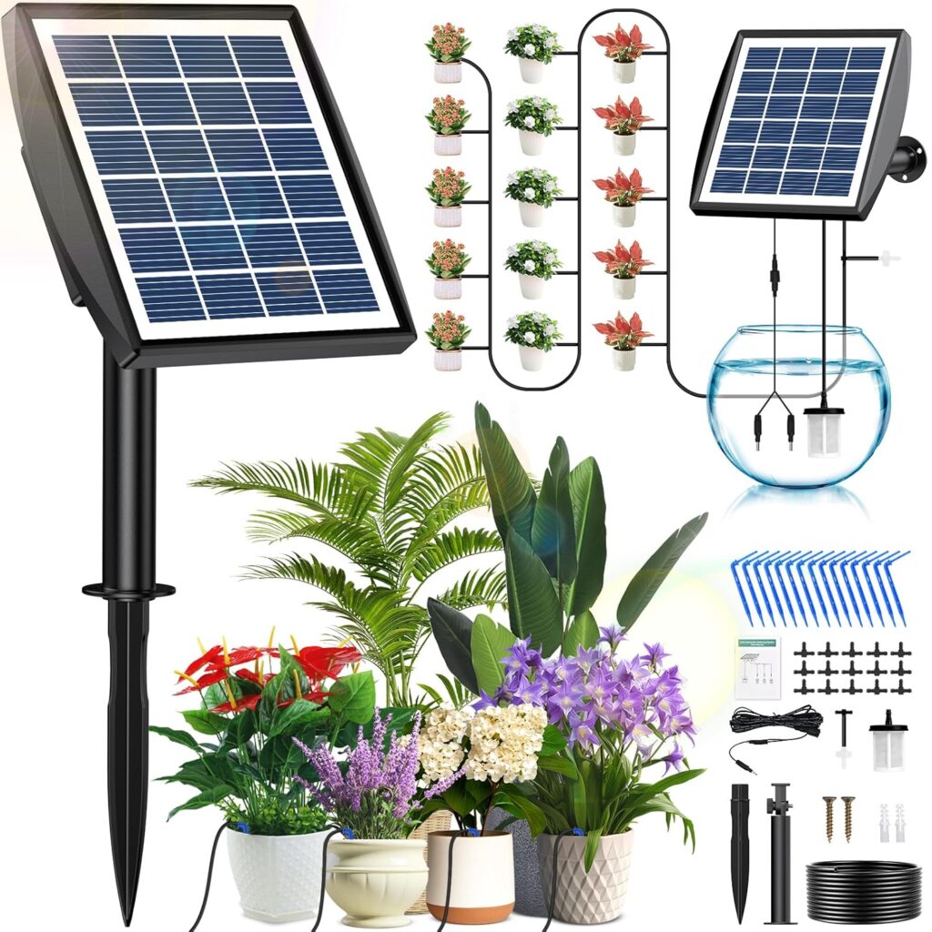 Système d’arrosage automatique solaire avec tuyau de 15 m pour jardins et balcons.