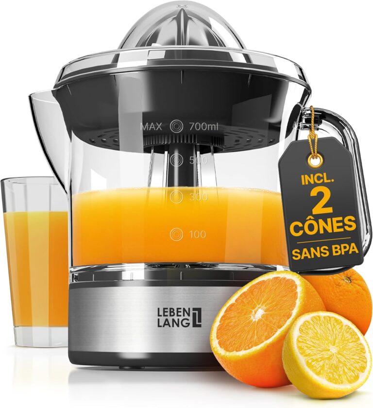 LEBENLANG Presse Agrume Électrique – 700ml, 2 Cônes, sans BPA, Rendement Élevé en Jus