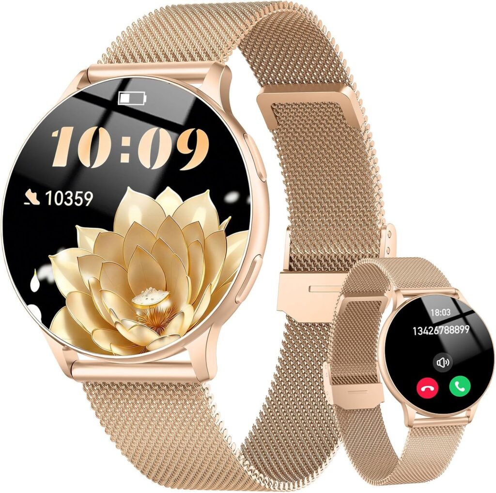 Montre connectée pour femmes : fonctionnalités de santé et étanchéité IP68, compatible Android et iOS.