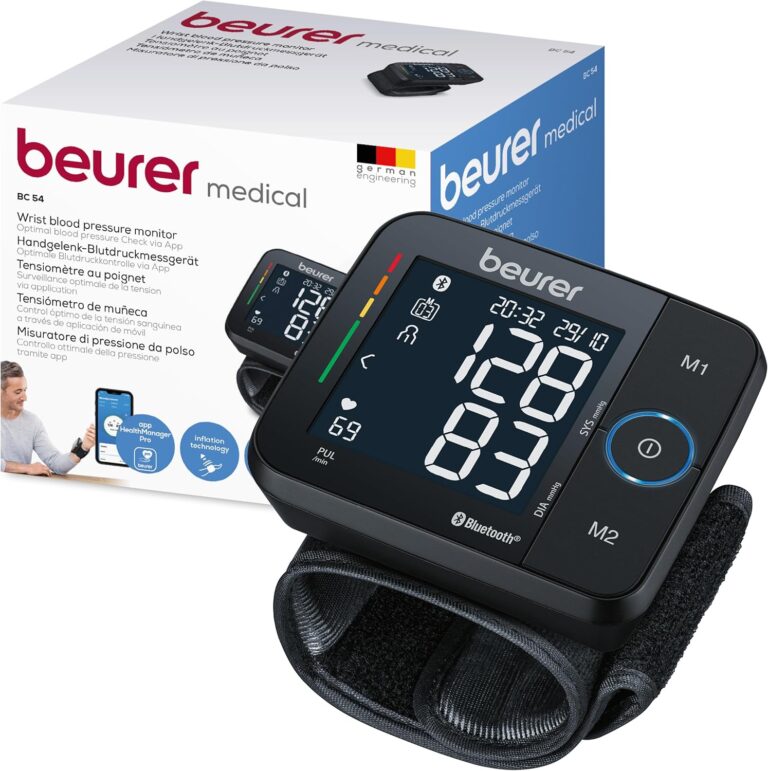 Moniteur de tension artérielle Beurer BC 54 : détection d’arythmie et transfert de données vers Apple Health.