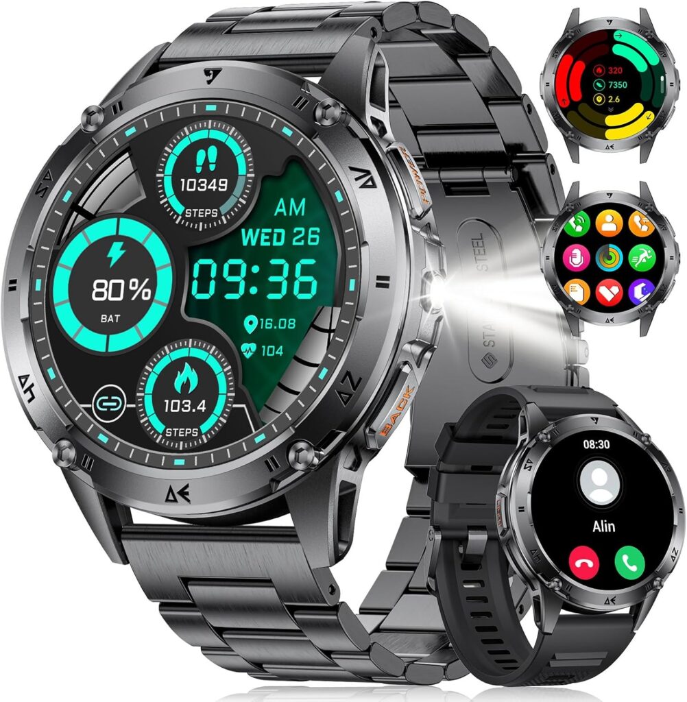 Montre connectée pour hommes : écran AMOLED 1,43 », 110+ modes sportifs, IP68, compatible Android et iOS.