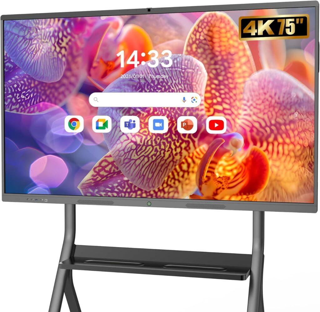 Lancement d’un tableau blanc interactif 75″ 4K avec caméra et microphone pour l’éducation et les entreprises.