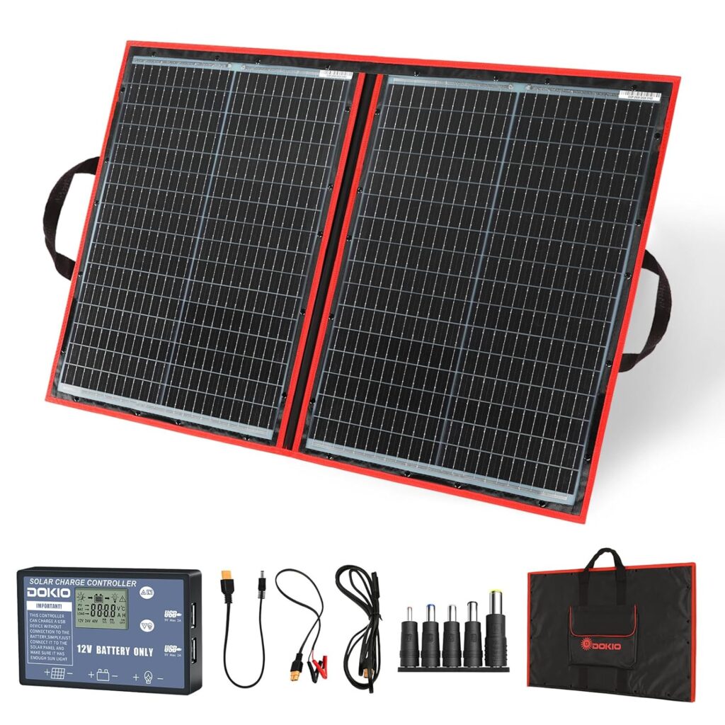 DOKIO Kit de panneaux solaires 100W 18V pliable avec contrôleur de charge et ports USB pour batteries 12V