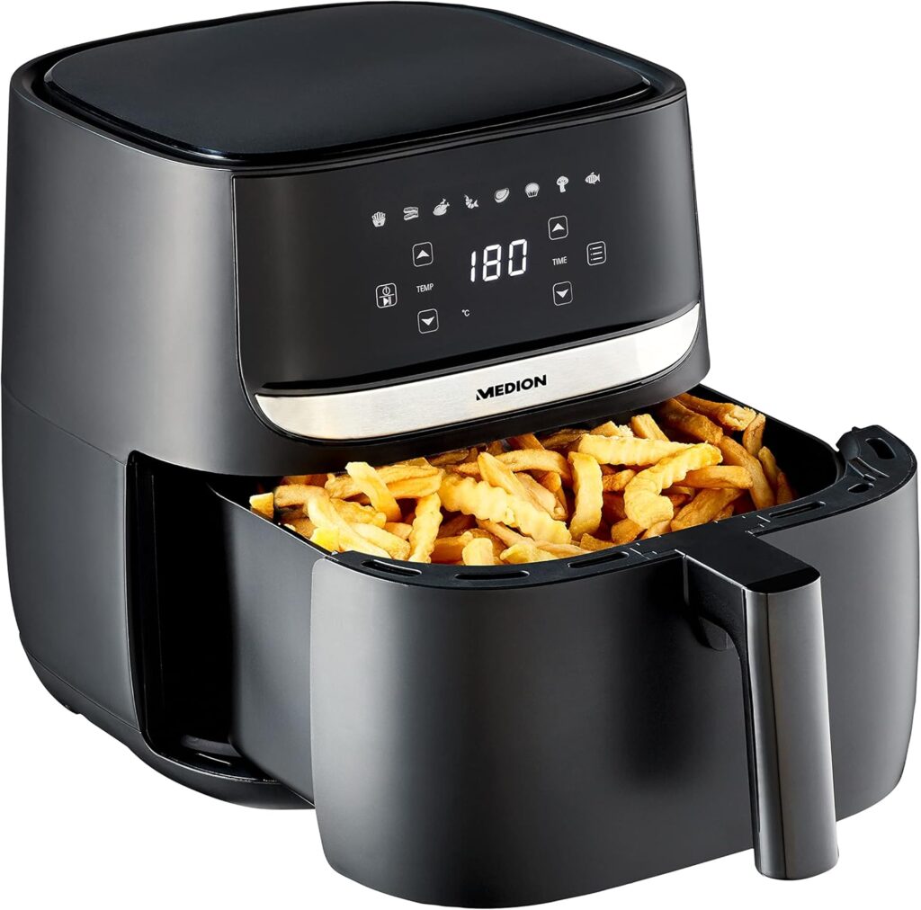 MEDION Air Fryer E50 XL : Friteuse sans huile de 5,7 L avec 8 programmes automatiques.