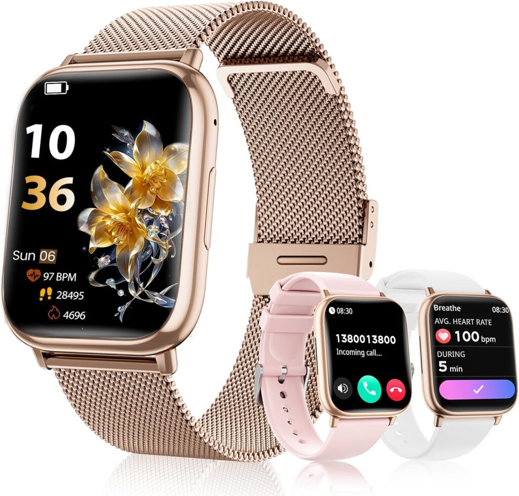 Féminine : Montre intelligente avec Bluetooth et suivi santé, compatible Android et iOS.