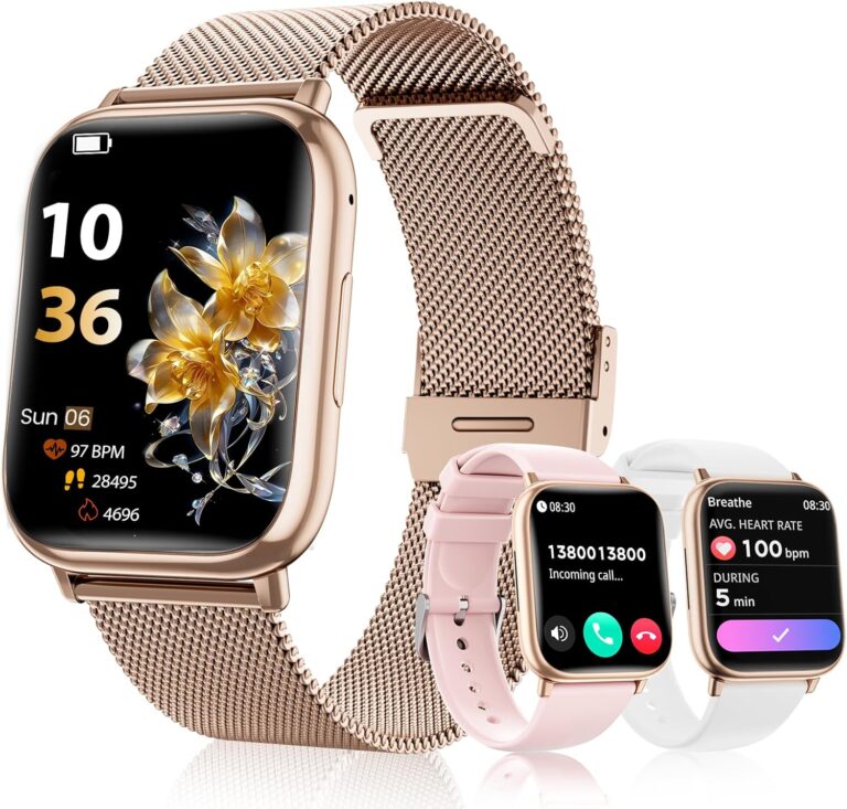Féminine : Montre intelligente avec Bluetooth et suivi santé, compatible Android et iOS.