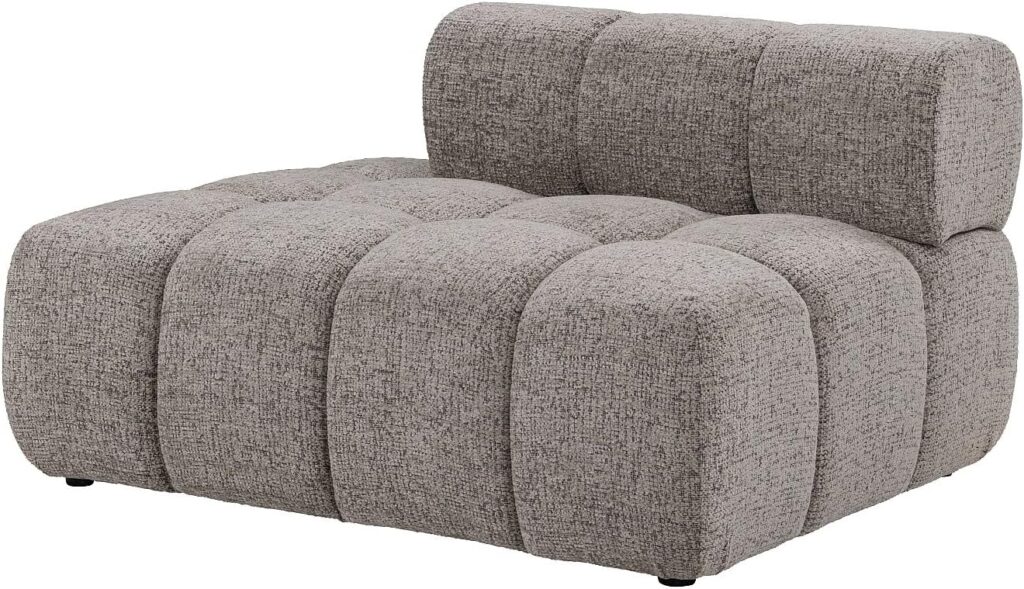 Vente-unique propose une méridienne gauche en tissu chiné taupe pour le marché français.