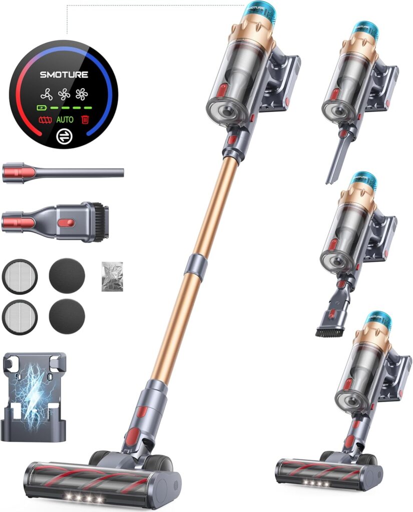 Aspirateur sans fil SMOTURE : 550W, autonomie de 60 min, technologie de nettoyage avancée.