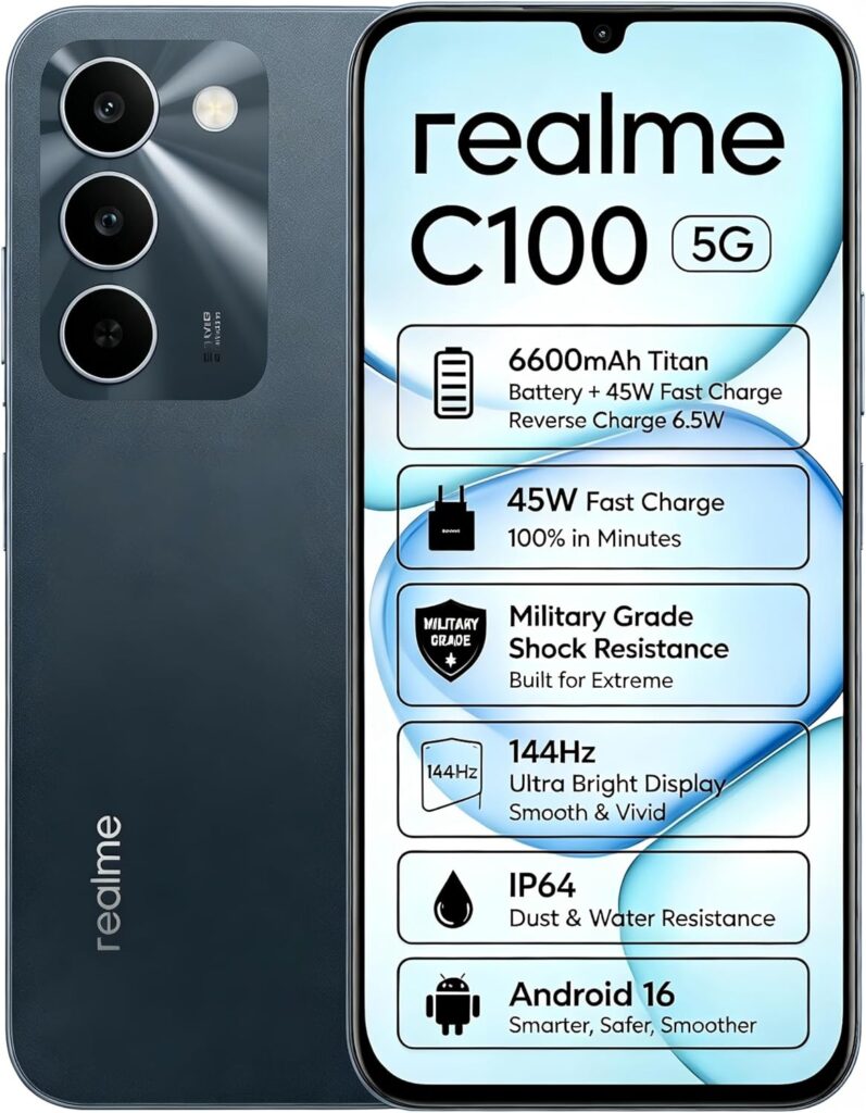 Realme C100 : Smartphone 5G avec écran 6,8″, batterie 6600mAh et appareil photo 50MP