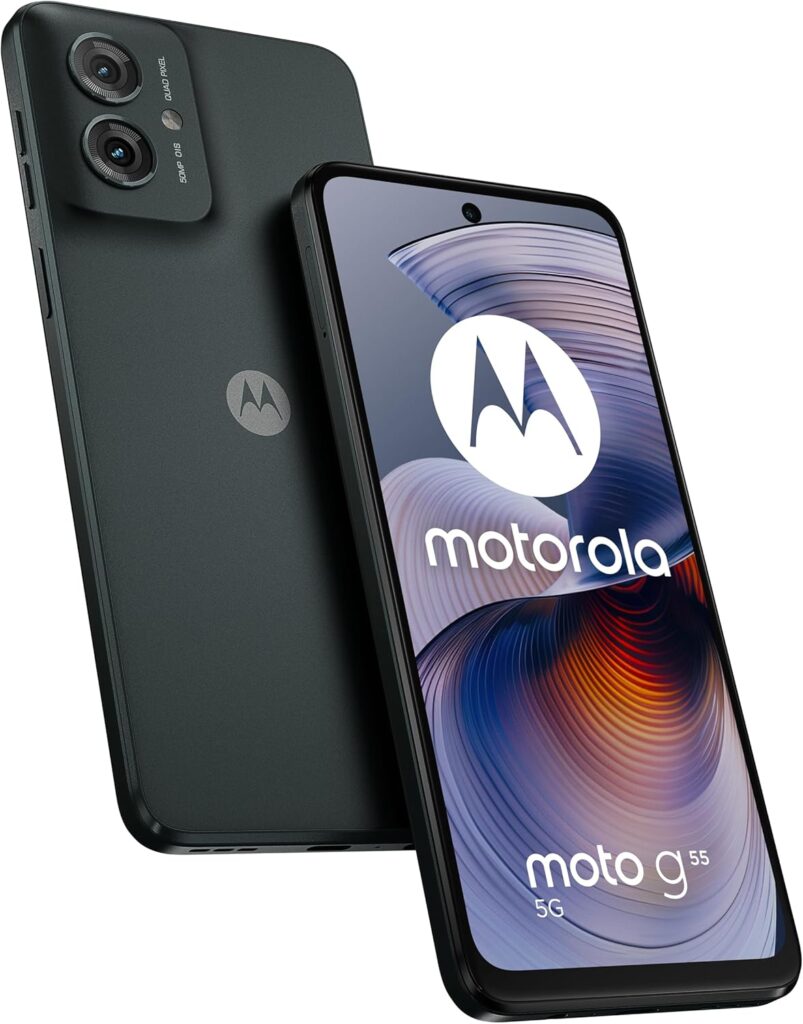 Lancement du Motorola Moto G55 5G : 8 Go RAM, 256 Go stockage, disponible en couleur gris forêt.