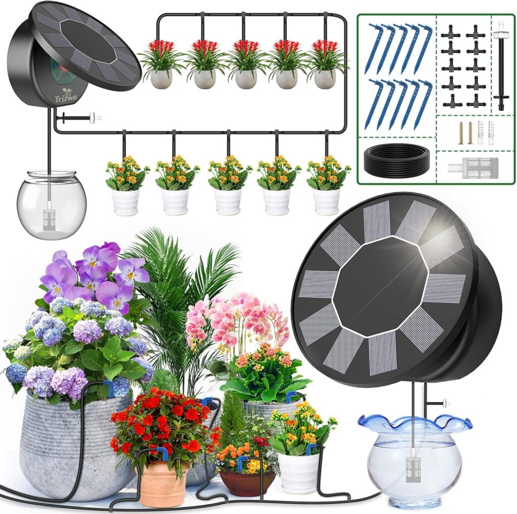 Système d’arrosage automatique solaire pour jardins et balcons, incluant un minuteur et un tuyau de 10 m