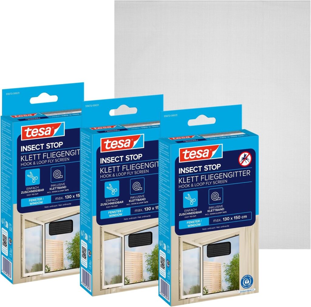 Tesa Insect Stop : filets anti-moustiques adhésifs pour fenêtres, 130 x 150 cm, pack de 3.