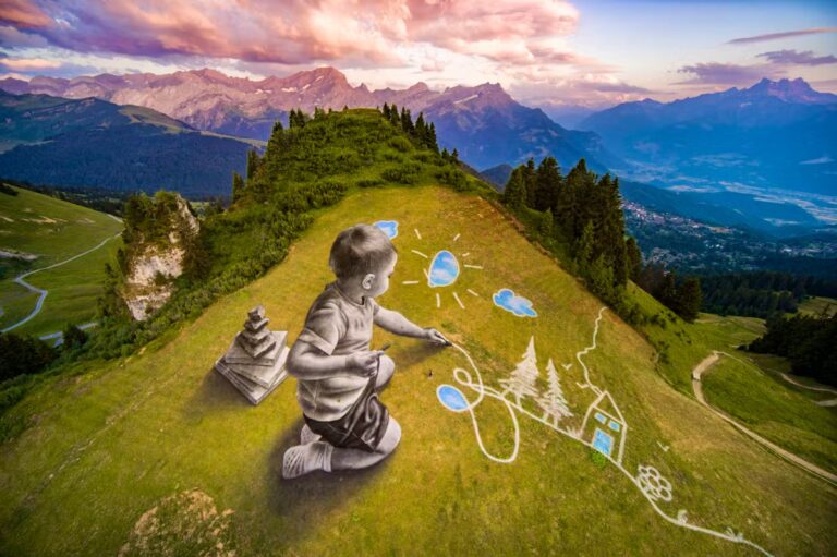 Saype réalise deux fresques monumentales éphémères en Suisse, au cœur des Alpes.