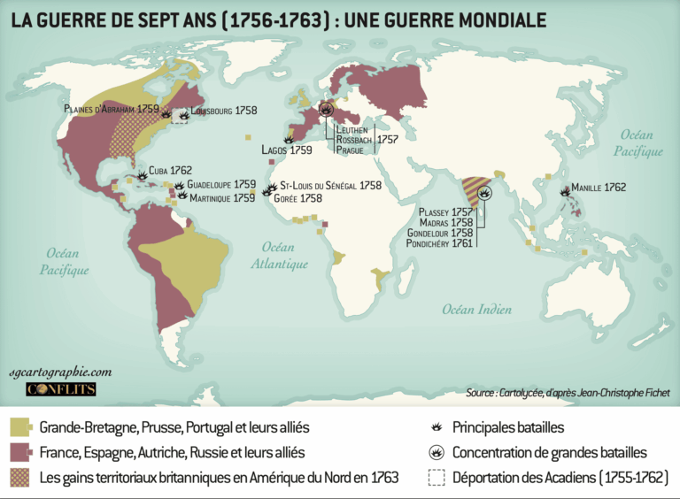 La guerre de Sept Ans : un conflit global redessine les frontières de l’Europe et de l’Amérique.