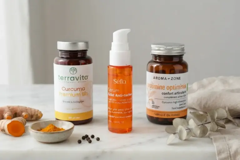 Comparatif des produits de curcuma visage : Séfia, Terravita, Aroma Zone en analyse.