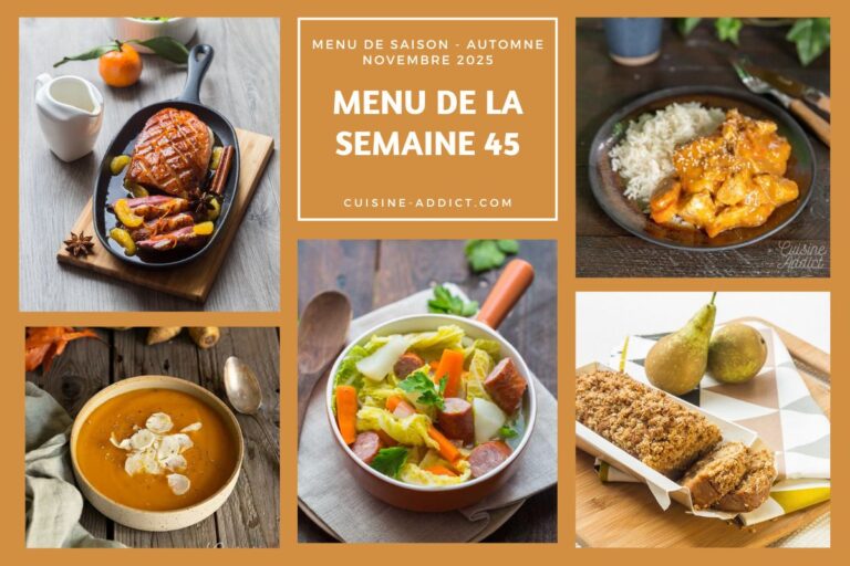 Menu de la semaine 45 : 14 plats et desserts proposés pour les repas du 3 au 9 novembre.