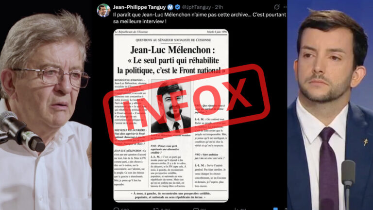 Le RN accuse Mélenchon d’authenticité, mais l’archive est jugée fausse.