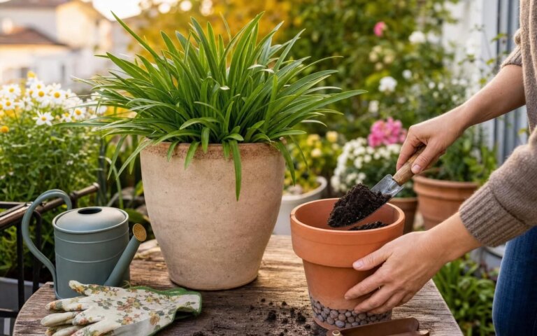Réglage du pot d’agapanthe pour favoriser la floraison avant l’automne.