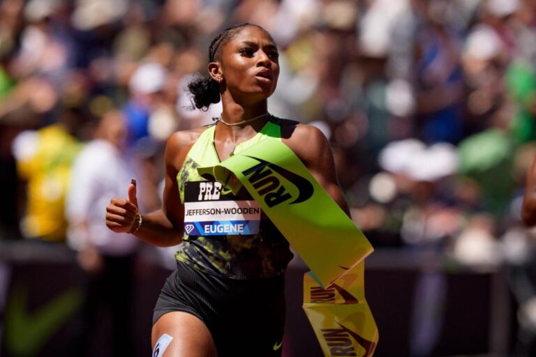 Melissa Jefferson-Wooden remporte le 100 m au meeting de Ligue de diamant d’Eugene.