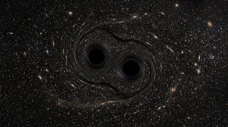 Fusion de deux trous noirs détectée à des milliards d’années-lumière sans image directe.