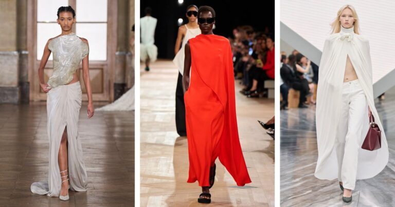 La tendance péplum s’impose dans la mode avec des drapés et des tailles hautes.