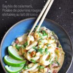 Sauté de calamars et poêlée de poivrons rouges avec shiitakés au lait de coco en cuisine.