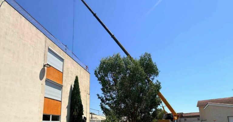 Travaux à l’école des Magnolias à Saint-Cyprien pour renforcer la protection contre les intempéries.