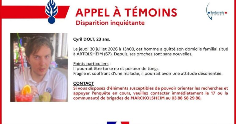Appel à témoignages concernant la disparition d’un jeune homme de 23 ans à Artolsheim.