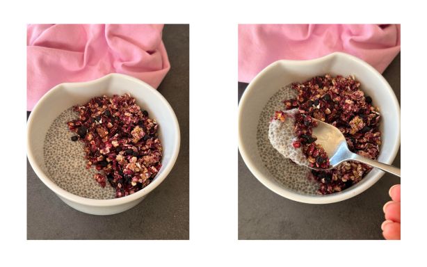 Pudding de chia et granola express aux fruits rouges : une option nutritive pour le petit-déjeuner.