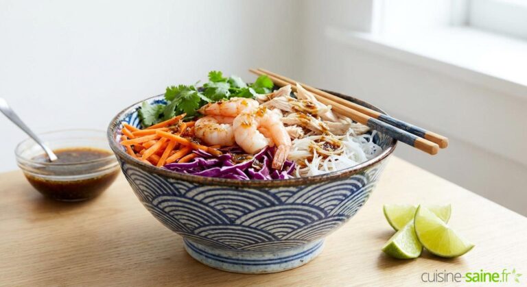 Recette de salade de vermicelle de riz aux crevettes et poulet pour un repas équilibré.