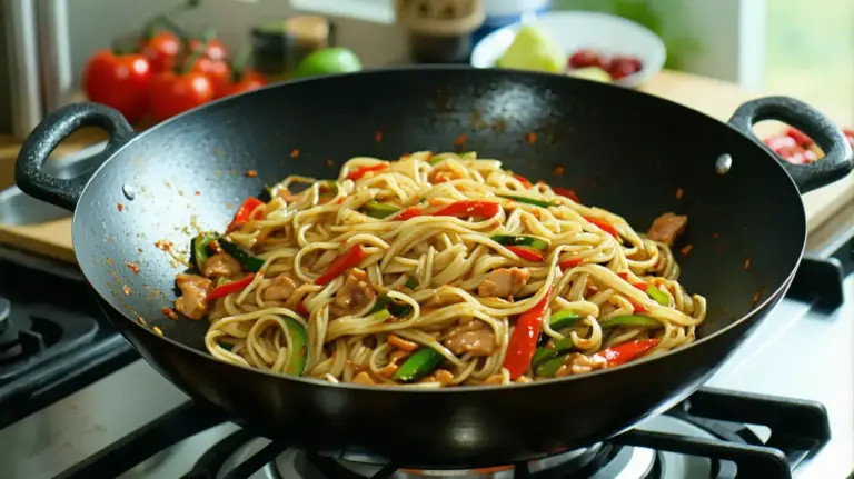Wok de nouilles aux légumes : une recette traditionnelle de la cuisine chinoise.