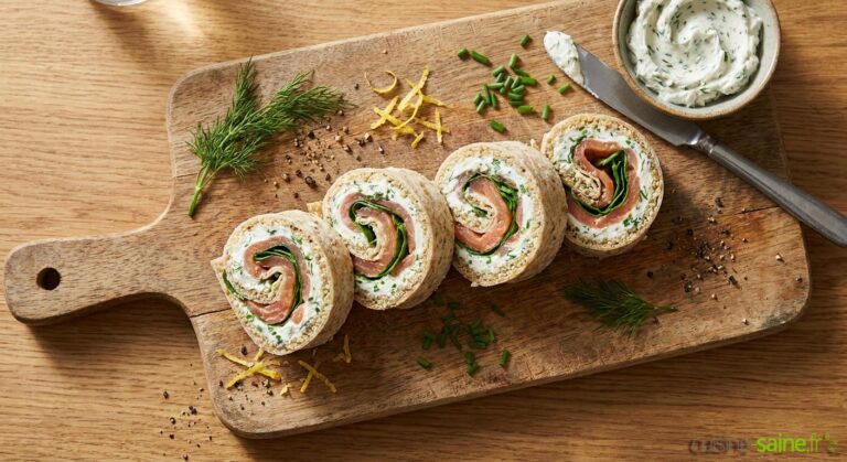 Wrap apéro sans gluten au saumon et herbes fraîches : une option pour les régimes spécifiques.