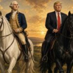 Trump face à une image de George Washington se retournant contre lui, soulignant une tension politique.