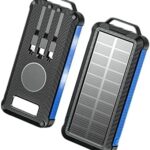 Chargeur solaire portable 10000/20000mAh avec câbles intégrés et lampe LED étanche.