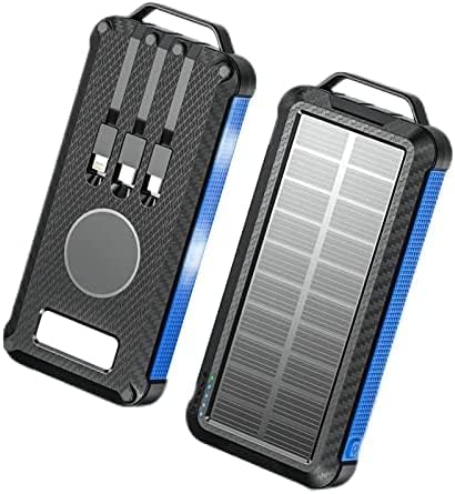 Chargeur solaire portable 10000/20000mAh avec câbles intégrés et lampe LED étanche.