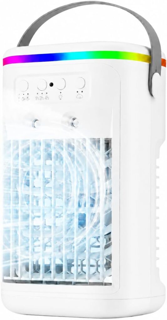 Mini climatiseur mobile silencieux USB avec télécommande et éclairage LED pour bureaux et chambres.