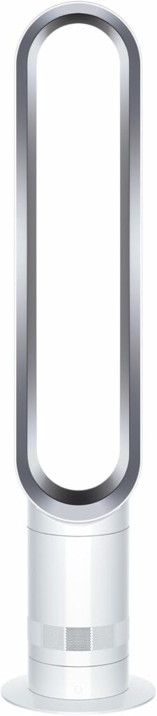 Dyson lance un ventilateur sans pales AM07 avec technologie Air Multiplier en blanc et argent.