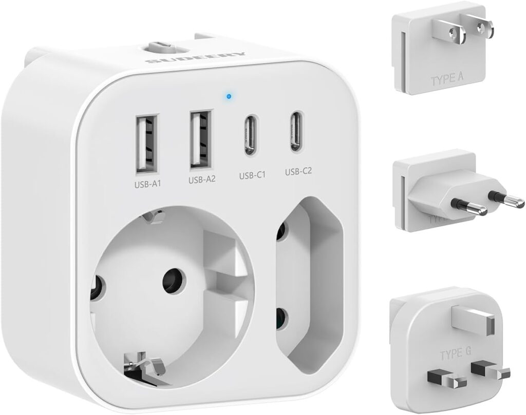 Adaptateur universel avec USB-C et prise internationale pour l’Europe, le Japon et l’Angleterre.
