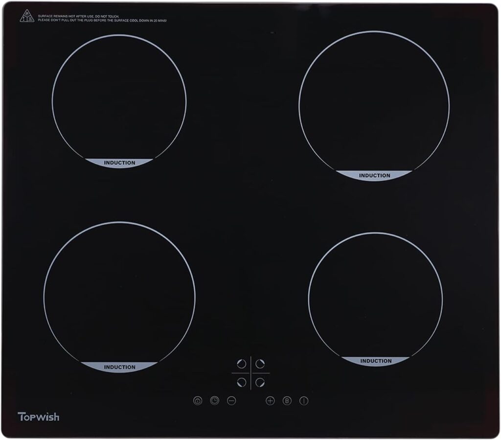 Topwish présente une plaque à induction de 60 cm, 7200 W, avec 4 foyers et plusieurs niveaux de puissance.