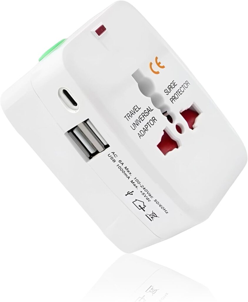 Adaptateur de voyage universel avec 8 prises, USB-A et USB-C, sécurisé pour enfants.