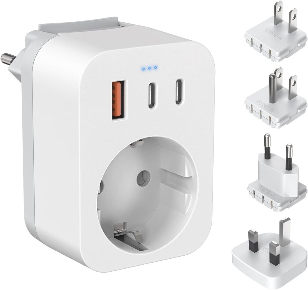 Adaptateur de voyage international avec 3 USB et 4 prises démontables pour 6 pays majeurs.