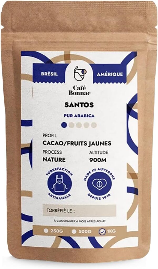 Café Bonnac : Grains de café brésilien 100% Arabica avec notes de noisette et cacao.